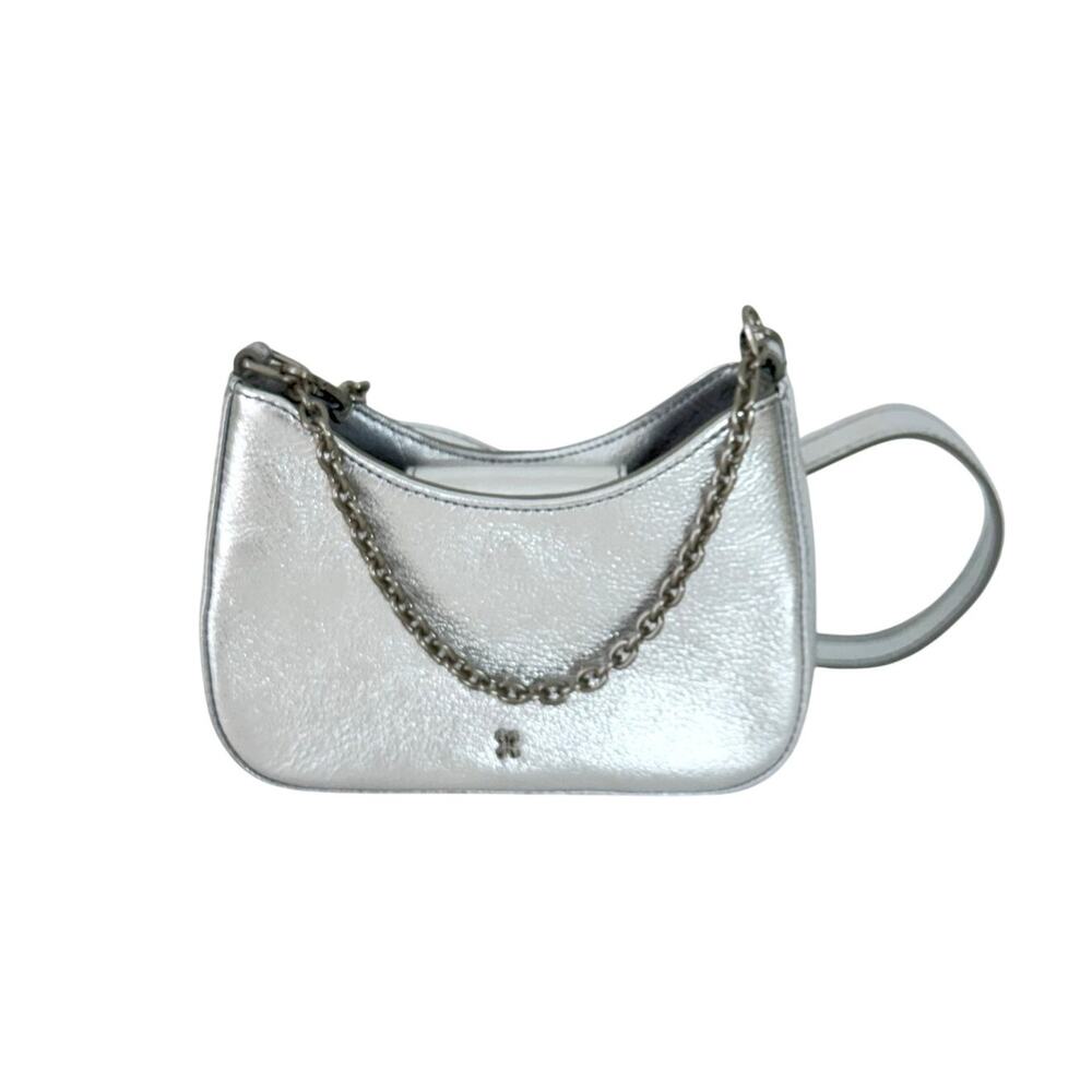 HOBO Metallic Silver Leather Mini Crossbody Bag with Chain Accent